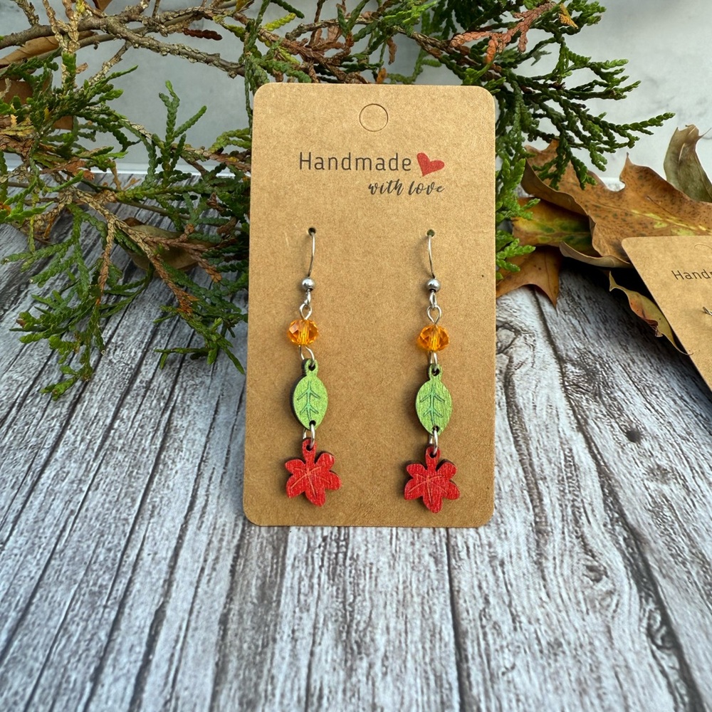 Earth Art Handcrafted Red and Green Fall Leaf Earrings - Picture 2 of 2
